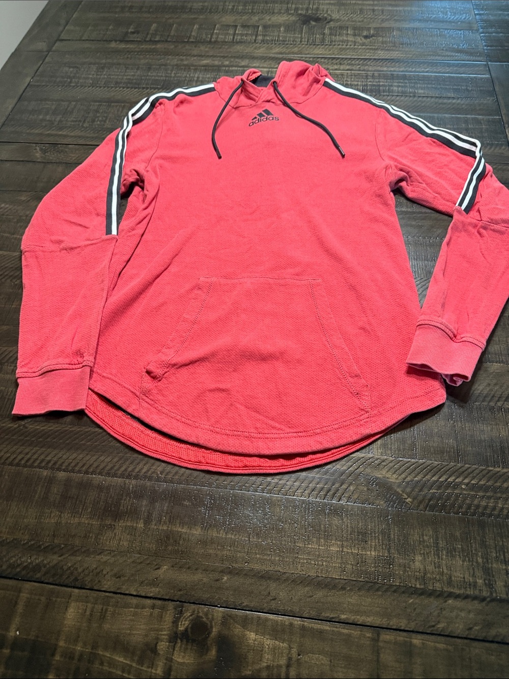 adidas Red Hooded Pullover with Black-and-White Sleeve Stripes